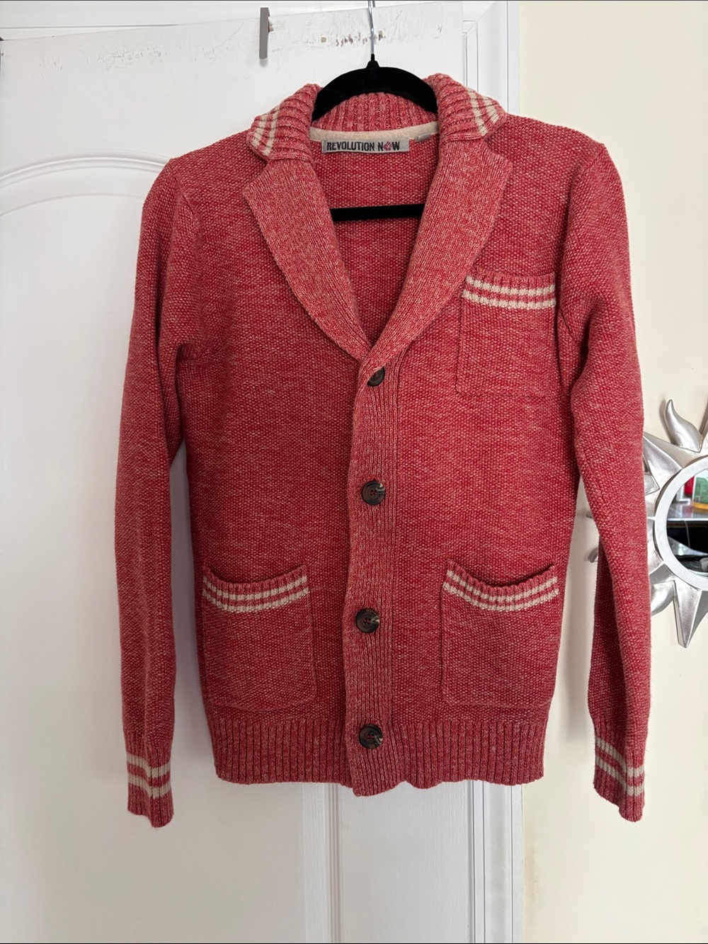 Revolution Now Men's Red Cream Stripe Trim Cardigan-S